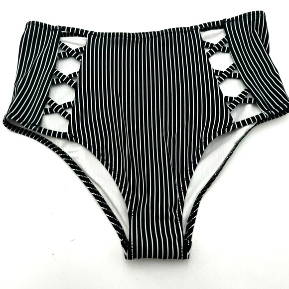 SHADE & SHORE‎ | NEW Small Caged High Waist Bikini Bottom Black White Stripe - Picture 1 of 7